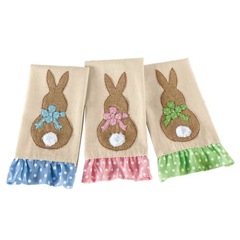 Cute Ruffle Trim Bunny Tail Easter Kitchen Towels Set Of 3 Polka Dot