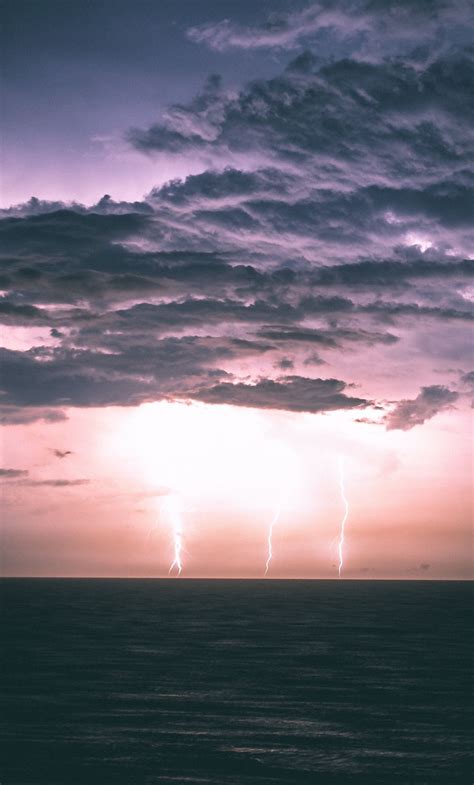Lightnings Sea Storm Clouds Nature 1280x2120 Wallpaper Wallpaper