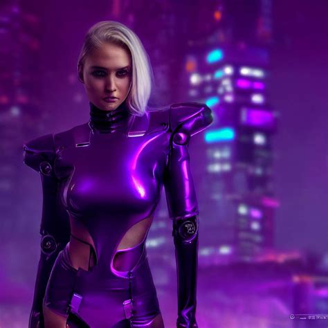 Beautiful Blonde Female Cyborg Wearing Futuristic Cyberpunk Rave Attire In Cosplay Female