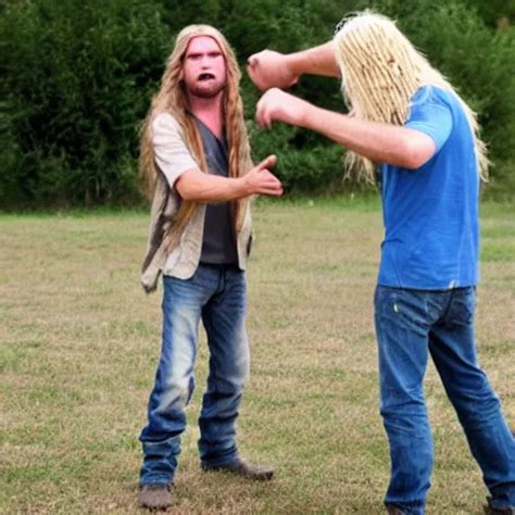 Long Haired Blonde Hillbilly Fighting A Cardboard Stable Diffusion