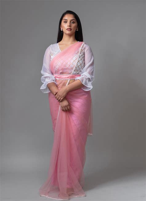 Long Puff Sleeves Blouse With Pink Net Saree — Loukiya In 2021 Net Saree Designer Saree