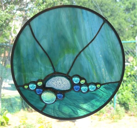 Abstract Stained Glass Panel Aqua Blue With Agate Slice And Glass Nuggets 89 00 Via Etsy