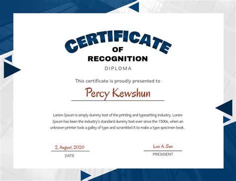 Blue Certificate Of Recognition Design Template Postermywall