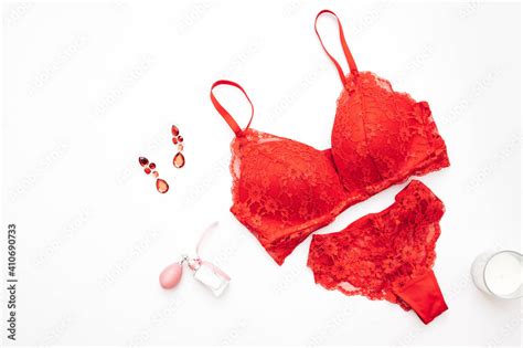 Sexy Elegant Lace Red Lingerie On White Background Fashion Love Sex Valentines Day Concept