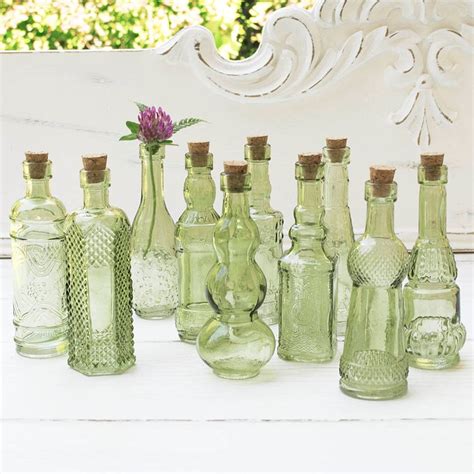 Vintage Glass Bottles With Corks Bud Vases Assorted Shapes 5 Inch Tall Mini Vases Set Of 10
