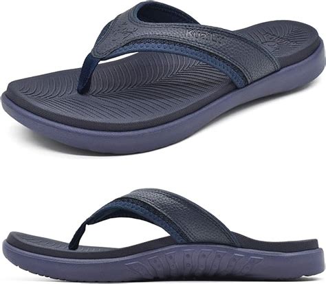 kuailu mens leather sport flip flops comfort beach thong sandals with arch support for outdoor