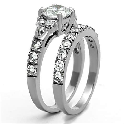 Artk1331 Stainless Steel 250 Ct Round Cut Cz Silver Wedding Ring Set