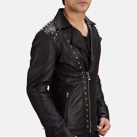 Mens Black Studded Leather Biker Jacket