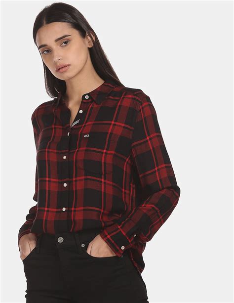 Buy Tommy Hilfiger Women Red High Low Hem Fluid Check Casual Shirt
