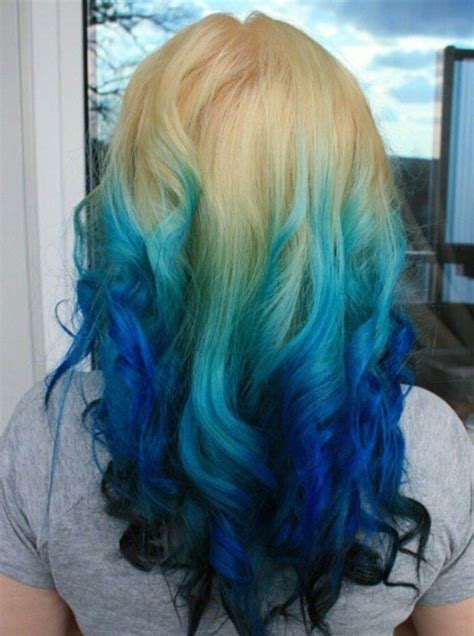 Ombre lob hairstyles with thick hair Blonde turquoise navy blue ombre dip dyed hair | Dip dye ...