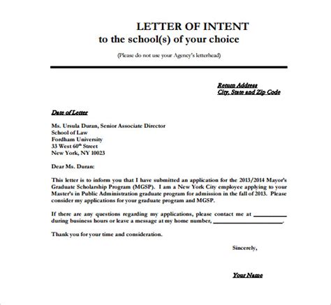 school letter  intent templates