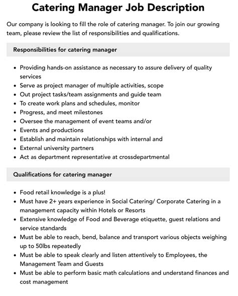 Catering Manager Job Description Velvet Jobs
