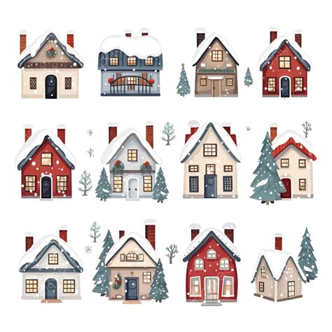 Cartoon Christmas Houses Set Cozy Snowcovered Winter City Winter