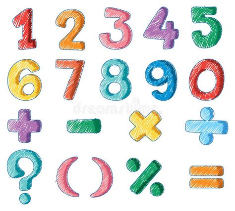 Set Of Numbers And Math Symbols Pencil Colour Child Scribble Style