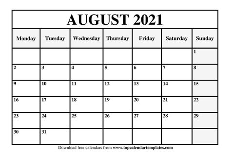 August 2021 Calendar Printable Monthly Template