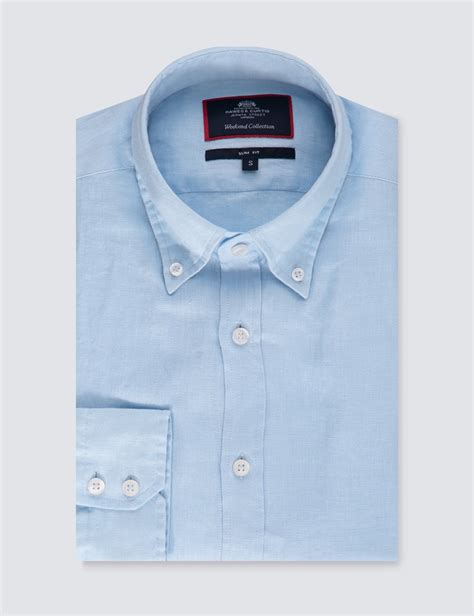 Mens Light Blue Slim Fit Linen Shirt Single Cuff Hawes And Curtis
