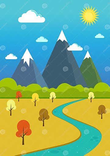 Natural Mountains River And Valley Landscape Stock Vector