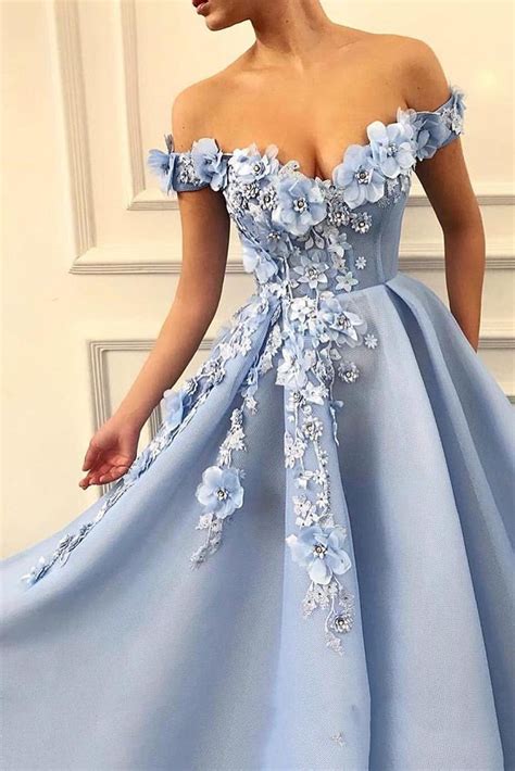 Charming Off Shoulder 3d Flower Appliques Net Blue Prom Dresses Op503
