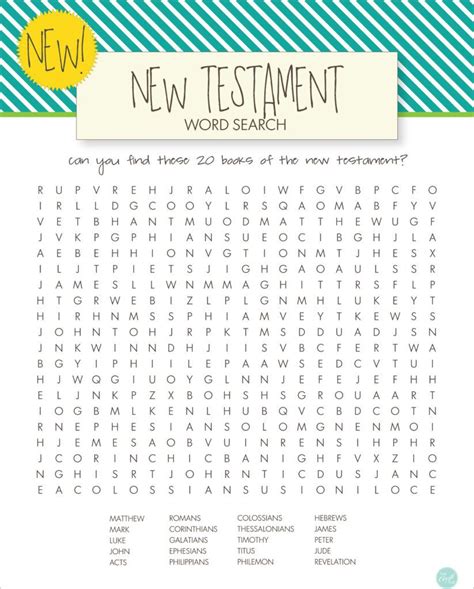The New Testament Word Search Is Shown On A Blue And Green Striped