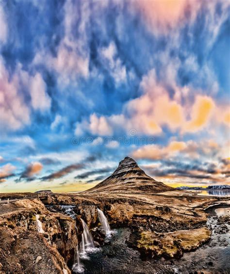 Spring Sunrise Over The Famous Kirkjufellsfoss Waterfall With