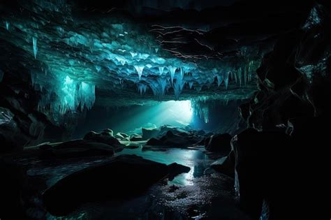 Premium Photo Frozen Cavern With Eerie Blue Glow Produced By