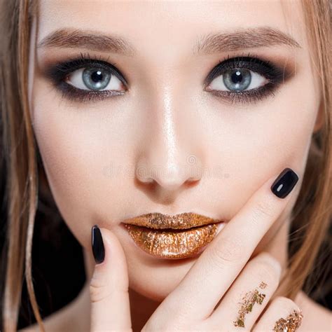 Close Up Beauty Woman Portrait Professional Makeup And Manicure With