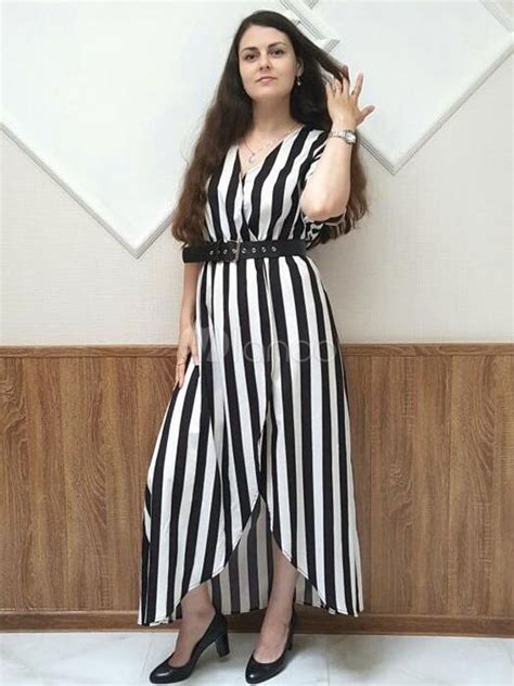 Black Maxi Dress V Neck Short Sleeve Striped Split Summer Dress
