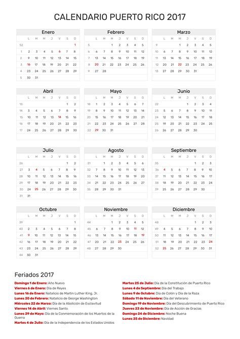 Calendario De Puerto Rico Año 2017 Feriados Feriados
