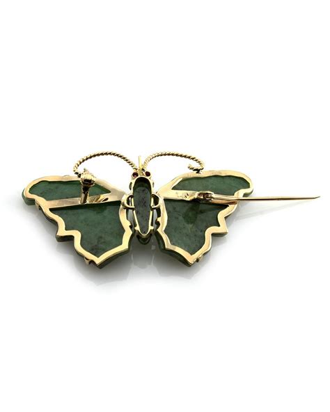 Nephrite Jade Butterfly Pin Brooch With Ruby Eyes In 14k Yellow Gold