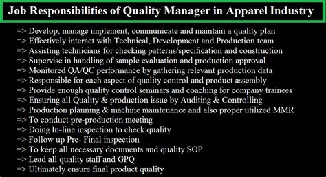 They work to expand business models that affect budgets, and the general responsibilities of a financial planning manager may include analysis, risk evaluation, managing these risks, forecasting economic trends. Job Responsibilities of Quality Manager in Apparel ...