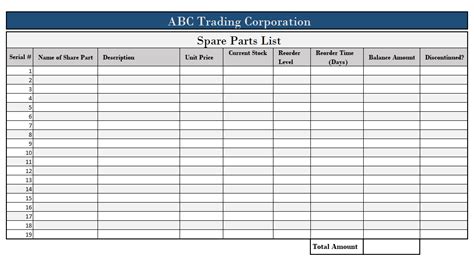 Critical Spare Parts List Template Excel
