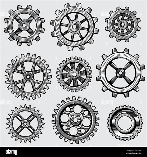 Retro Sketch Mechanical Gears Hand Drawn Vintage Cog Wheel Parts Of