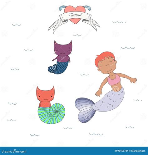 Cute Mermaids And Cats Under Water Illustration Stock Vector