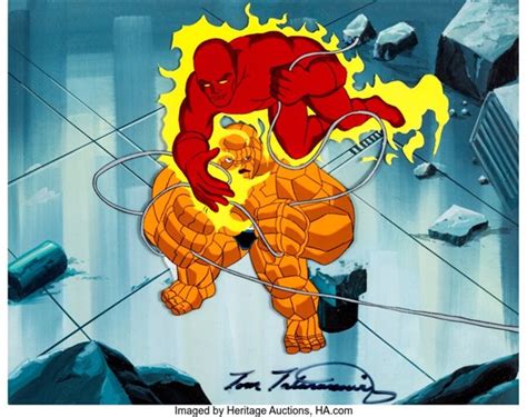 fantastic four human torch and the thing production cel setup with master background signed by