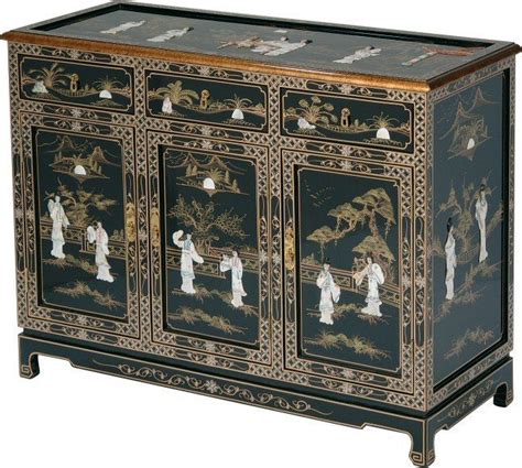 46 W Oriental Black Lacquer Buffet Inlaid With Mother Of Pearl