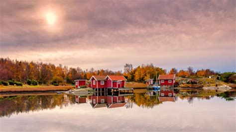 Autumn Lakeside Village In Sweden Photography Wallpaper Schweden