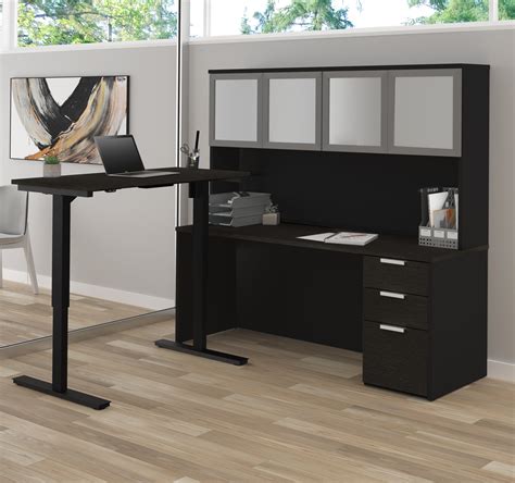Modern L Shaped Desk And Hutch With Glass Doors With Height Adjustable