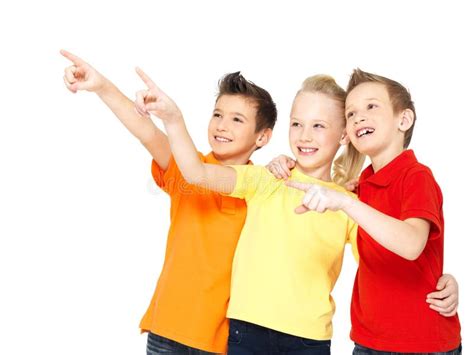 Happy Children Point By Finger On Something Away Stock Image Image