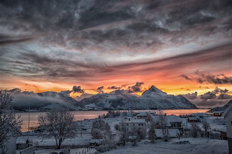 Norway Winter Snow A Fishing Village Sunset Town Mountains Wallpaper