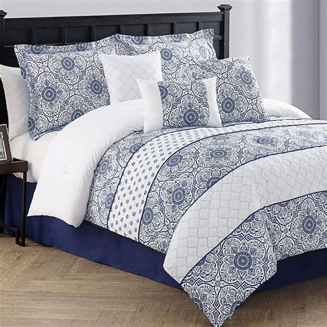 Lucille 7 Pc Navy Blue Comforter Bed Set Blue Comforter Bed Comforters Bedding Sets