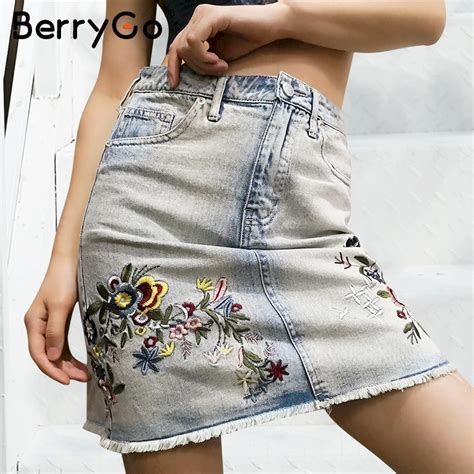 Berrygo Casual Floral Embroidered Denim Skirts 2018 Summer High Waist Jeans Skirts Women Button