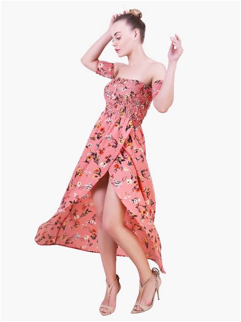 Dark Peach Self Printed Off Shoulder Floral Front Slit Maxi Dress Rs
