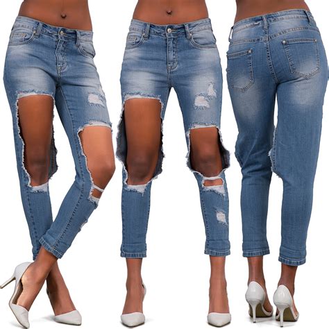 Womens Ripped Knee Skinny Jeans Faded Slim Fit Ladies Denim Size 6 8 10