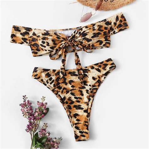 Leopard Tie Front Bardot Neck High Cut Bikini Swimsuit From Shein On