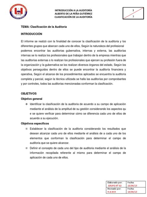Informe ClasificaciÓn De La AuditorÍa Auditoría Financiera