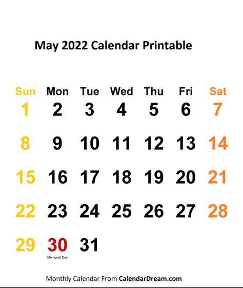 May 2022 Calendar Printable Calendar Dream