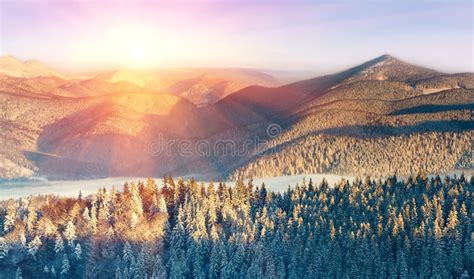 Panoramic Landscape In The Winter Mountains At Sunny Day Stock Image