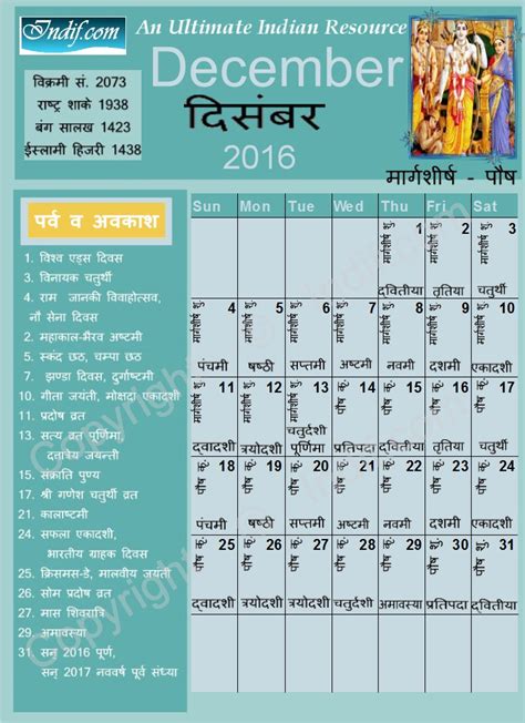 Hindu festivals calendar is also known as hindu vrat and tyohar calendar. December 2016 - Indian Calendar, Hindu Calendar