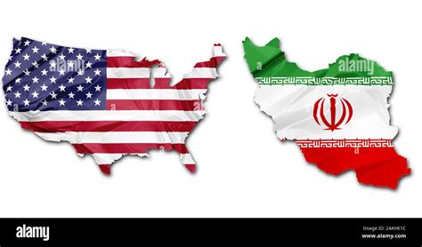 American Flag And Iranian Flag In Political Map Shape On White Background Concept Of World