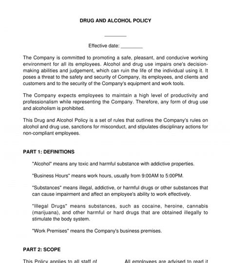 Employee Drug And Alcohol Policy Sample Template